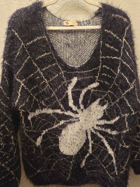 Spider Web Fuzzy Sweater Goth Y2K Black Hairy Knit Oversized Grunge